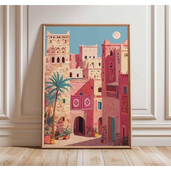 Moroccan City Poster, Desert Architecture Wall Art, Warm Pink Travel Print, Boho Mediterranean Decor, Exotic Home Artwork, Poster Only