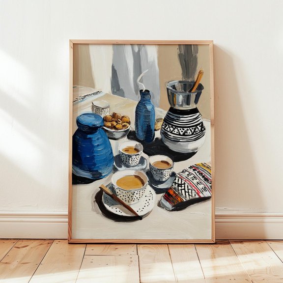 Moroccan Coffee Wall Art Blue White Kitchen Decor Mediterranean Style Living Room Bedroom Office