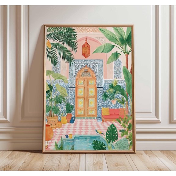 Moroccan Courtyard Boho Tropical Print, Unframed Paper Poster 8x10in