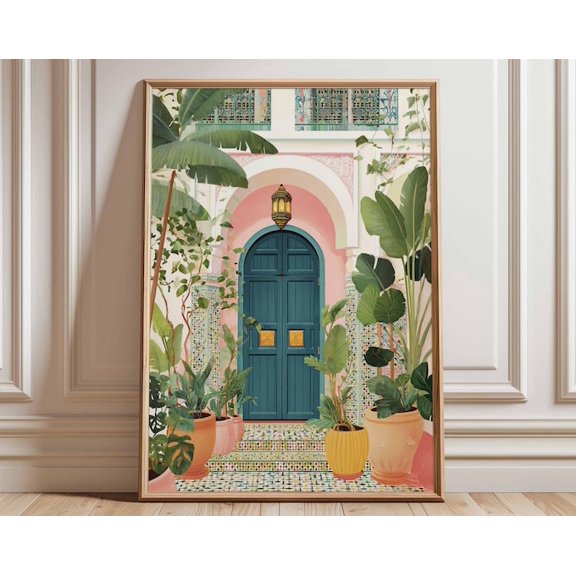 Moroccan Courtyard Colorful Bohemian Doorway Green Plants Wall Art Print, Unframed Paper Poster 8x10in