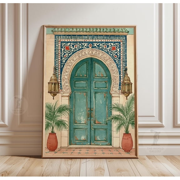 Moroccan Courtyard Door Poster Islamic Tile Wall Art Boho Decor