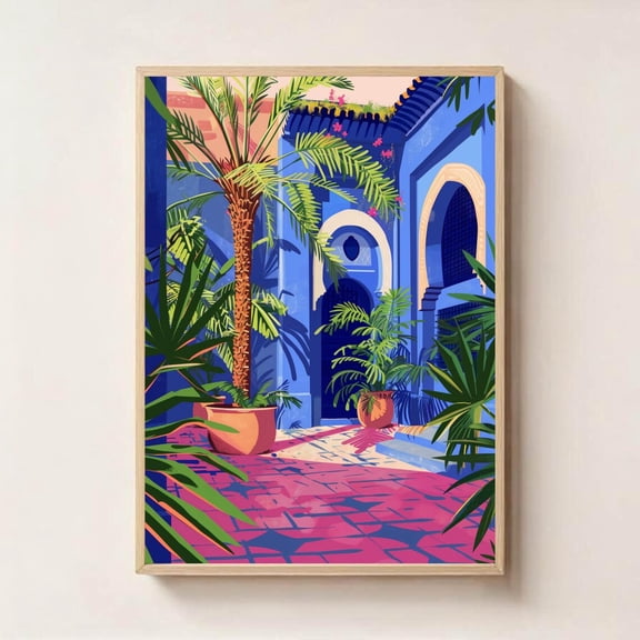 Moroccan Courtyard Wall Art Exotic Garden Marrakech Decor, Stretched Canvas 16x20in