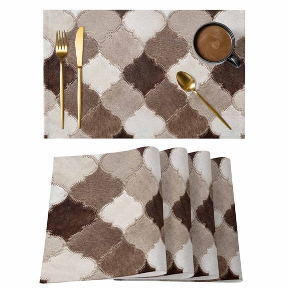 Moroccan Cow Print Placemats Set of 12 Farmhouse Abstract Cowhide Fur Brown Place Mats Indoor Wipeable Table Mats Washable Cloth Dining Table Placemats for Kitchen Holiday Party Home Decor 13x19 Inch