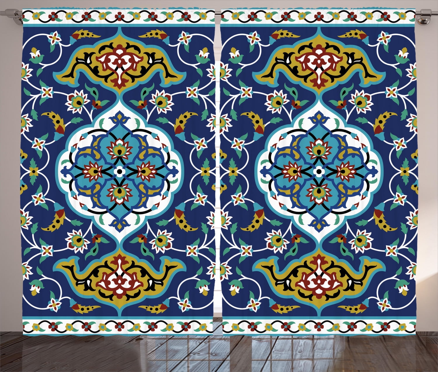 Moroccan Blue and Mustard Polyester Blackout Curtain Panel Set