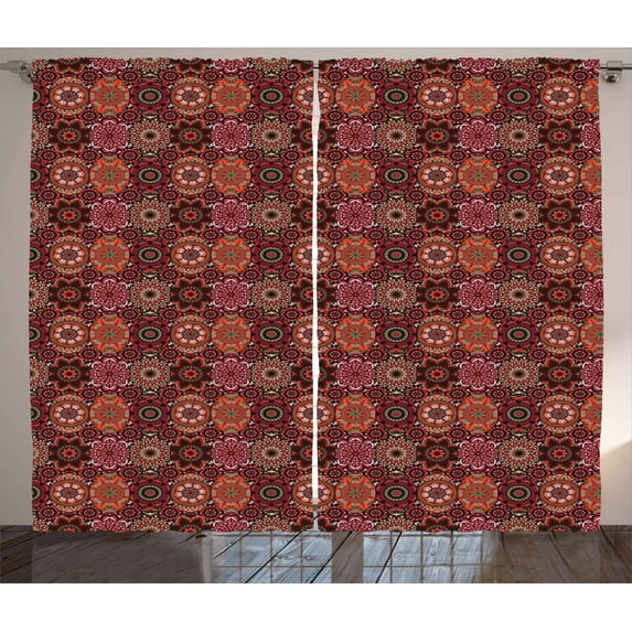 Ambesonne Moroccan Curtains 2 Panel Set, Vintage Ottoman Tile, 108" x 108", Green Vermilion Ruby