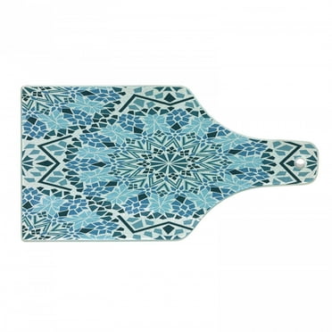 Moroccan Cutting Board, Moroccan Architecture Consists of Geometrically Patterned Mosaic and Stars Eastern, Tempered Glass Cutting and Serving Board, Wine Bottle Shape, Blue White, by Ambesonne