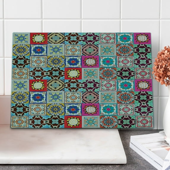 Moroccan Cutting Board, Arrangement of Ceramic Mosaic Tiles and with Mathematical Geometric, Decorative Tempered Glass Cutting and Serving Board, Large Size, Multicolor, by Ambesonne