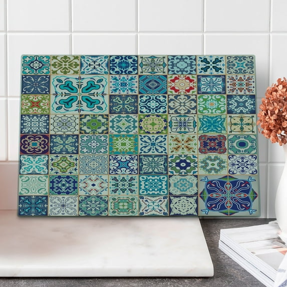 Moroccan Cutting Board, Floral Patchwork Design Mediterranean Symbolic Artisan Work, Decorative Tempered Glass Cutting and Serving Board, Large Size, Multicolor, by Ambesonne