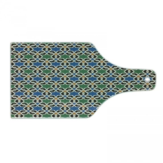 Moroccan Cutting Board, Geometric Hexagonal Pattern Stars Style Eastern Zellige Art, Decorative Tempered Glass Cutting and Serving Board, Wine Bottle Shape, Green Blue Black, by Ambesonne