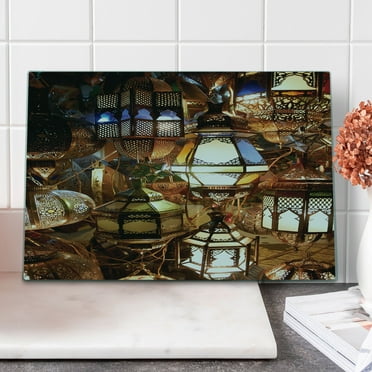 Moroccan Cutting Board, Lanterns Souk Evening Culture Historical Traveling Destinations, Decorative Tempered Glass Cutting and Serving Board, Large Size, Brown Purple Green, by Ambesonne