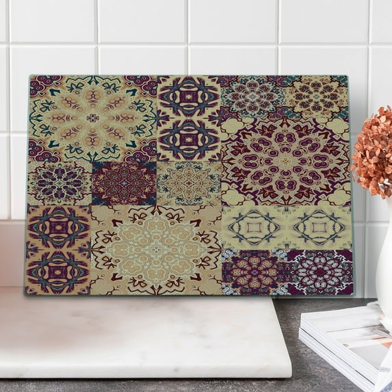 Moroccan Cutting Board, Large Colorful Vintage Ceramic Tiles Design Floral Forms, Decorative Tempered Glass Cutting and Serving Board, Large Size, Peach Orange Red, by Ambesonne