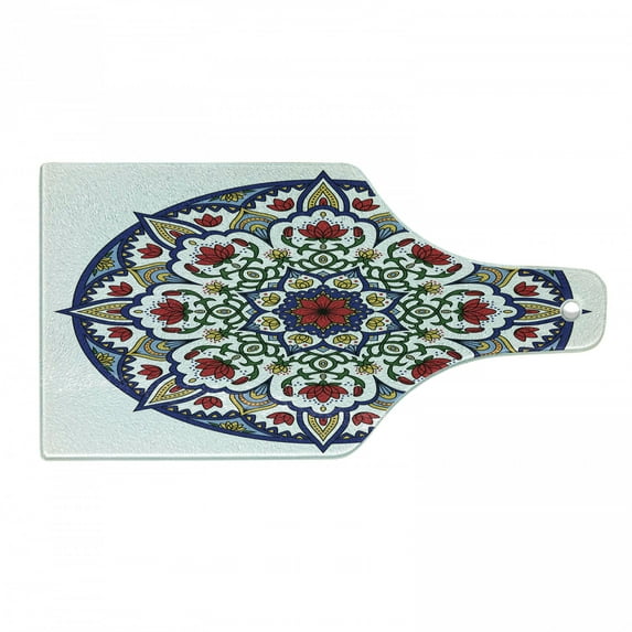 Moroccan Cutting Board, Mandala Lotus Flowers Eastern Themed Oriental Circular Medallion Traditional, Tempered Glass Cutting and Serving Board, Wine Bottle Shape, Green Blue Ruby, by Ambesonne