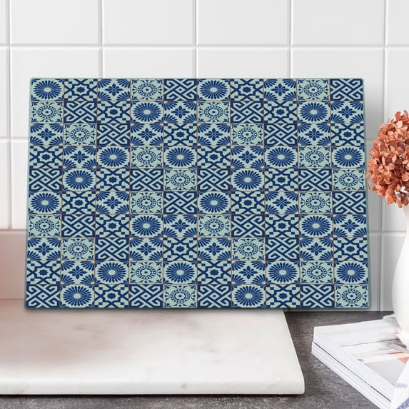 Moroccan Cutting Board, Old Ottoman Style Inspired Mix of Moroccan Tiles in Modern Shades Art Print, Decorative Tempered Glass Cutting and Serving Board, Large Size, Grey Blue, by Ambesonne