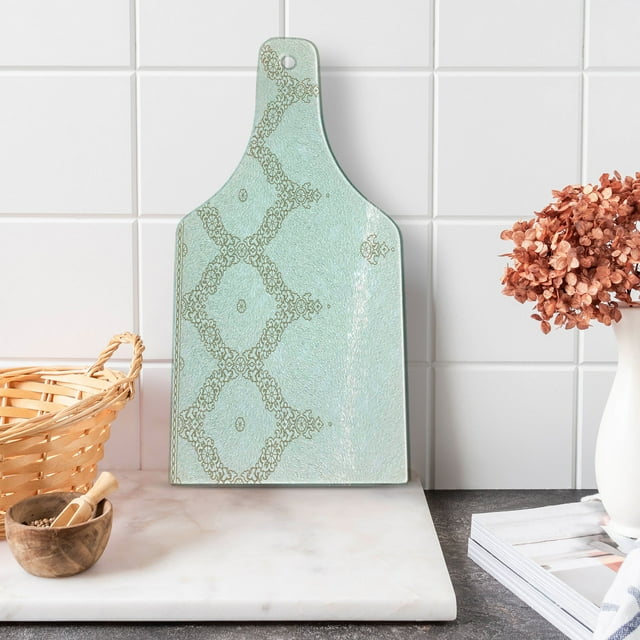 Moroccan Cutting Board, Ornate Background Traditional Soft Color Eastern Elements and Pattern, Decorative Tempered Glass Cutting and Serving Board, Wine Bottle Shape, White Umber Camel, by Ambesonne