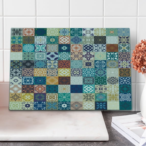 Moroccan Cutting Board, Patchwork Pattern Different Colorful Original Tunisian, Decorative Tempered Glass Cutting and Serving Board, Large Size, Multicolor, by Ambesonne