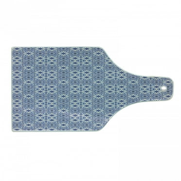 Moroccan Cutting Board, Portuguese Tiles Squares Grid Style Pattern Oriental Motif, Decorative Tempered Glass Cutting and Serving Board, Wine Bottle Shape, Violet Blue Orange White, by Ambesonne