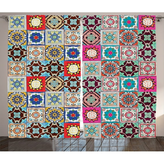 Ambesonne Colorful Curtains 2 Panel Set, Geometric Mosaic Tiles, 108" x 90", Multicolor