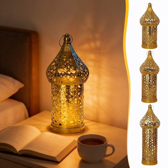 Moroccan Decorative Lantern – Golden Metal Iron Candle Holder • Moorish Patterned Hollow Design • Freestanding or Hanging, Door Access • Ramadan Eid Boho Home Décor Accent, 1 Piece