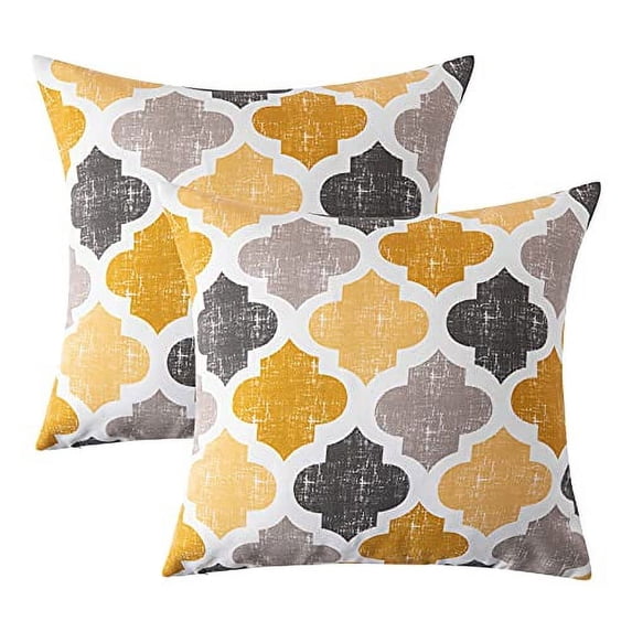 Moroccan Decorative Throw Pillow Covers 18"x18" Geometric Boho Quatrefoil Pattern Yellow Poly-Cotton Cushion Casees for Home Decor, Couch, Sofa, Bedroom, Living Room, Set of 2
