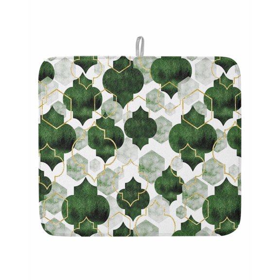 Moroccan Deep Green Tile Lattice Dish Drying Mats for Kitchen Counter,Absorbent Microfiber Dish Drainer Rack Mat Geometric Diamond Texture Drying Pad for Sinks,Utensils,Countertops,16x18in