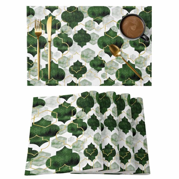 Moroccan Deep Green Tile Lattice Placemats Set of 6,Wipeable Washable Table Mats for Dining Tables, Geometric Diamond Texture Place Mats for Kitchen Event Party Tabletop Decor