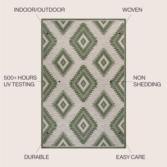 Moroccan Diamond Indoor Outdoor Area Rug 4X6 Green/Cream