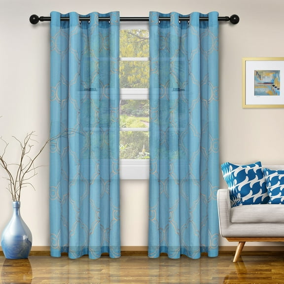 Moroccan Diffused Light Embroidered Trellis Semi-Sheer Curtain Set Aquarius / 52"x96"