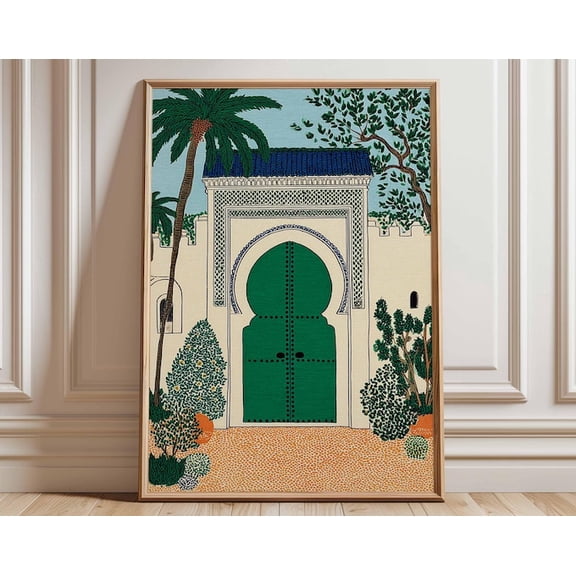 Moroccan Door Marrakech Architecture Boho Travel Exotic Green Door Palm Trees Wall Art Print, Unframed Paper Poster 11x14in