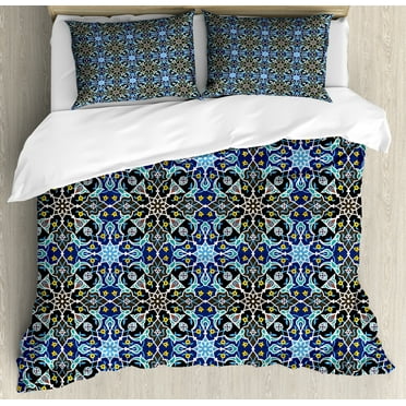 Ambesonne Bohem Duvet Cover Set, Moroccan Eastern Ornaments, Calking, Royal Blue
