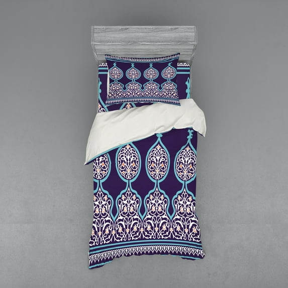 Ambesonne Moroccan Bedding Set 3 Pcs, Oriental Design, Twin, Teal Royal Blue