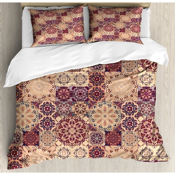 Moroccan Duvet Cover Set King Size, Grid Style Ornate Ceramic Style Tile Orient Vintage Inspirations, Decorative 3 Piece Bedding Set with 2 Pillow Shams, Maroon Pale Orange Dark Blue, by Ambesonne