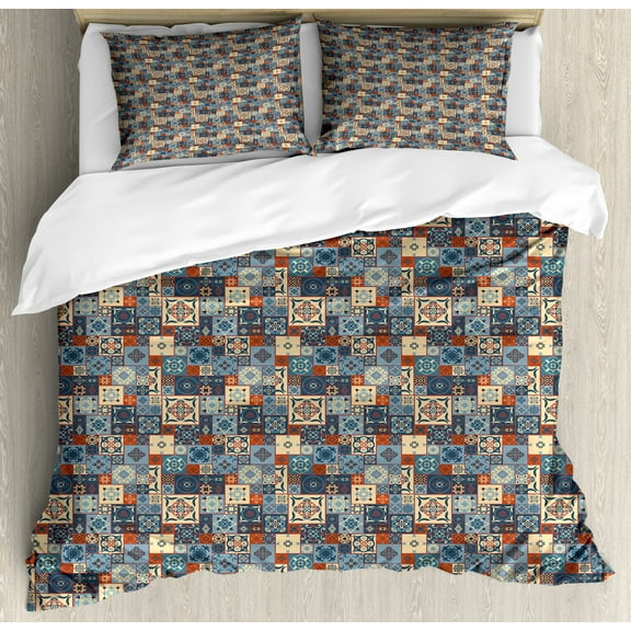 Moroccan Duvet Cover Set King Size, Grid Style Square Pattern Ornamental Arabesque Oriental Tunisian, Decorative 3 Piece Bedding Set with 2 Pillow Shams, Slate Blue Cream Dark Orange, by Ambesonne