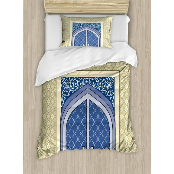 Moroccan Duvet Cover Set, Medieval Door with Ottoman Architecture Persian Influences Culture Design, Decorative 2 Piece Bedding Set with 1 Pillow Shams, Twin Size, Blue Beige, by Ambesonne
