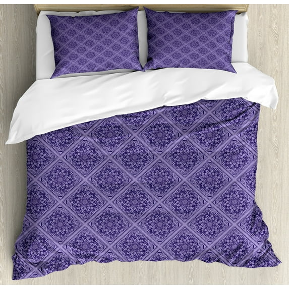 Moroccan Duvet Cover Set, Monochromatic Floral Inspired Mandala Look Oriental Pattern Art, Decorative 3 Piece Bedding Set with 2 Pillow Shams, Queen Size, Quartz and Indigo, by Ambesonne