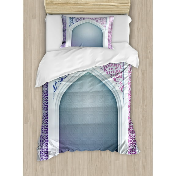 Moroccan Duvet Cover Set, Old Fashion Ottoman Arch Door Surrounded by Digital Featured Geometry Motif, Decorative 2 Piece Bedding Set with 1 Pillow Shams, Twin Size, Mauve Grey, by Ambesonne