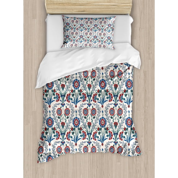 Moroccan Duvet Cover Set, Old Floral Ornament Pattern with Swirled Florets and Leaf Turkish Art, Decorative 2 Piece Bedding Set with 1 Pillow Shams, Twin Size, Maroon Teal, by Ambesonne