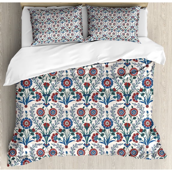 Moroccan Duvet Cover Set, Old Floral Ornament Pattern with Swirled Florets and Leaf Turkish Art, Decorative 3 Piece Bedding Set with 2 Pillow Shams, Calking Size, Maroon Teal, by Ambesonne