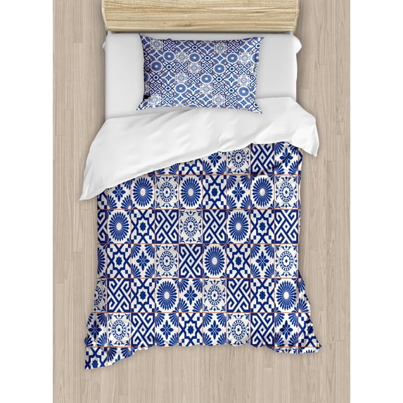 Moroccan Duvet Cover Set, Old Ottoman Style Inspired Mix of Moroccan Tiles in Modern Shades Art Print, Decorative 2 Piece Bedding Set with 1 Pillow Shams, Twin Size, Grey Blue, by Ambesonne