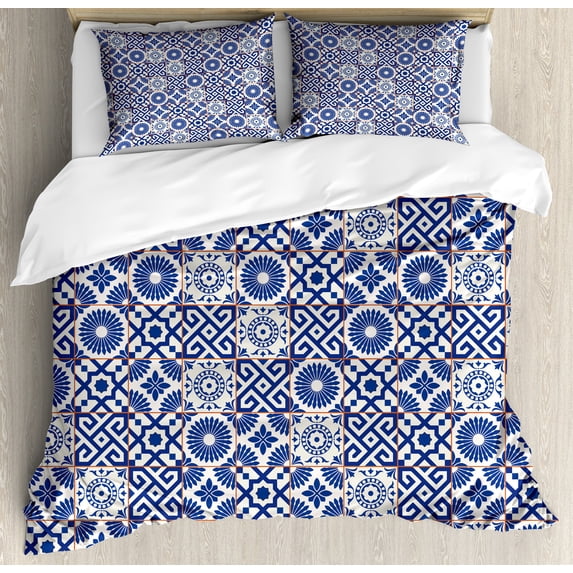 Moroccan Duvet Cover Set, Old Ottoman Style Inspired Mix of Moroccan Tiles in Modern Shades Art Print, Decorative 3 Piece Bedding Set with 2 Pillow Shams, King Size, Grey Blue, by Ambesonne