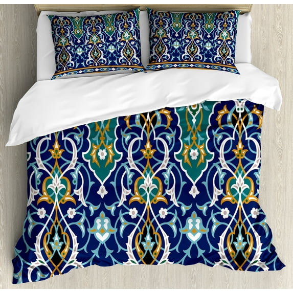 Moroccan Duvet Cover Set, Oriental Petals Hippie Vintage Mosaic Design, Decorative 3 Piece Bedding Set with 2 Pillow Shams, Calking Size, Blue Mustard, by Ambesonne
