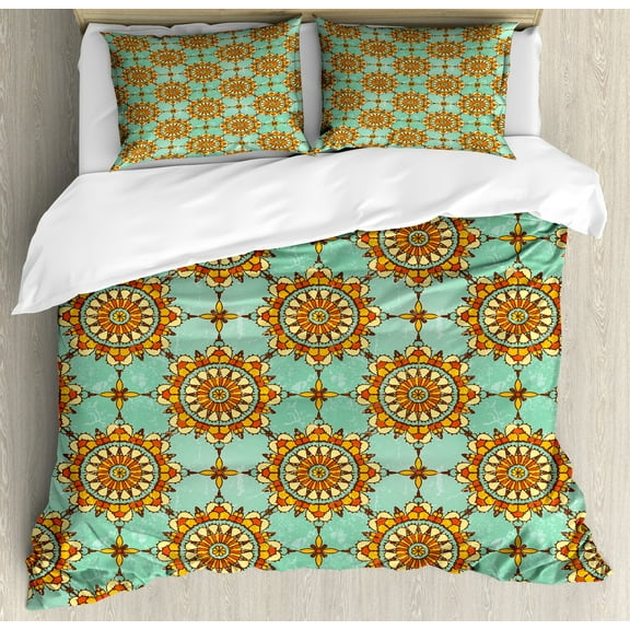 Moroccan Duvet Cover Set, Ornamental Abstract Moroccan Motif with Old Fashion Victorian Influences Art, Decorative 3 Piece Bedding Set with 2 Pillow Shams, King Size, Mint Orange, by Ambesonne