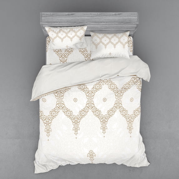 Moroccan Duvet Cover Set, Ornate Background Traditional Soft Color Eastern Elements and Pattern, Bedding Set with Shams and Fitted Sheet, 3 Sizes, by Ambesonne