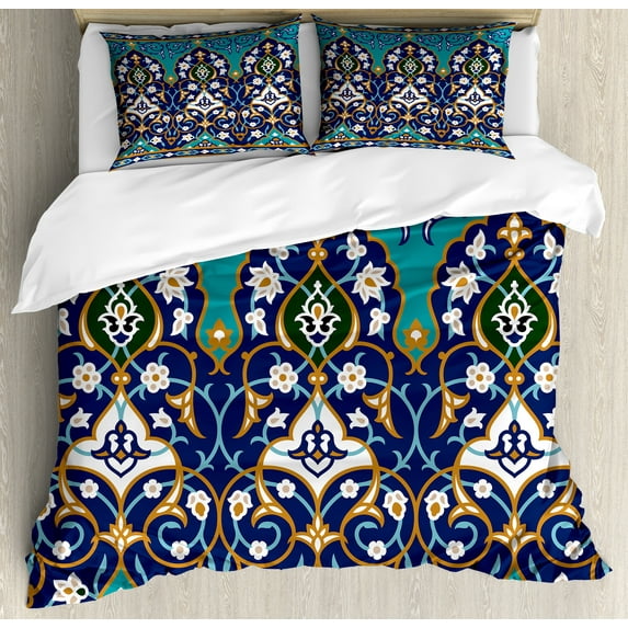 Moroccan Duvet Cover Set, Ottoman Folkloric Art Inspired Abstract Aged Middle Age Renaissance Print, Decorative 3 Piece Bedding Set with 2 Pillow Shams, Calking Size, Navy Blue, by Ambesonne