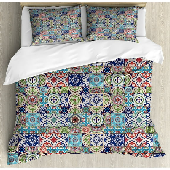 Moroccan Duvet Cover Set Queen Size, Geometric Squares and Rectangles Colorful and Complex Design Floral Arrangement, Decorative 3 Piece Bedding Set with 2 Pillow Shams, Multicolor, by Ambesonne