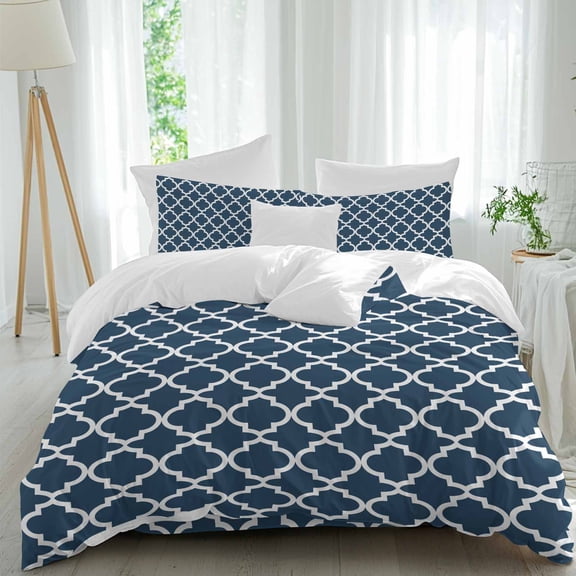 Moroccan Duvet Cover Set Queen Size, Lake Blue Geometric 4 Piece Soft Microfiber Bedding Set with 1 Duvet Cover, 1 Flat Sheet, 2 Pillowcases