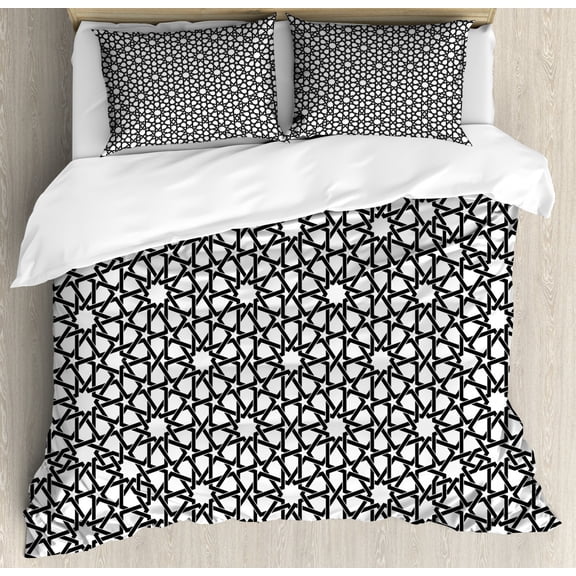 Moroccan Duvet Cover Set Queen Size, Moorish Star Pattern with Intertwined Lines Oriental Motif Ancient Arab Elements, Decorative 3 Piece Bedding Set with 2 Pillow Shams, Black White, by Ambesonne
