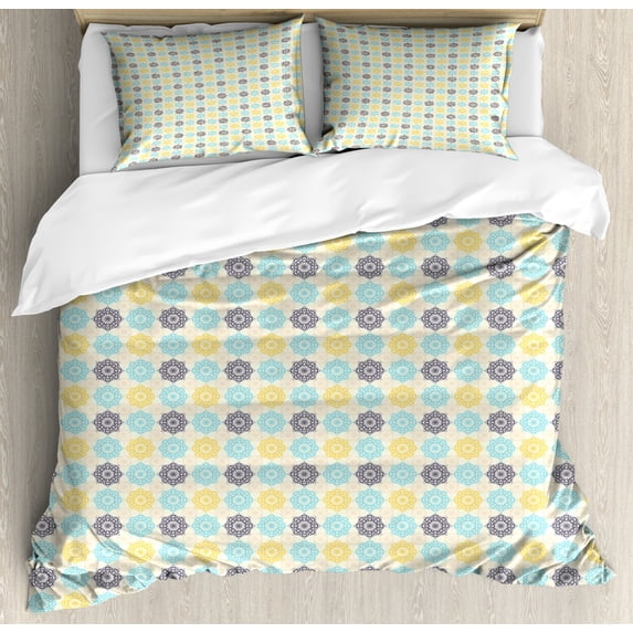 Moroccan Duvet Cover Set Queen Size, Symmetrical Pattern with Henna Art Motifs Fresh Colors Retro Folkloric, Decorative 3 Piece Bedding Set with 2 Pillow Shams, Pale Blue Yellow Black, by Ambesonne