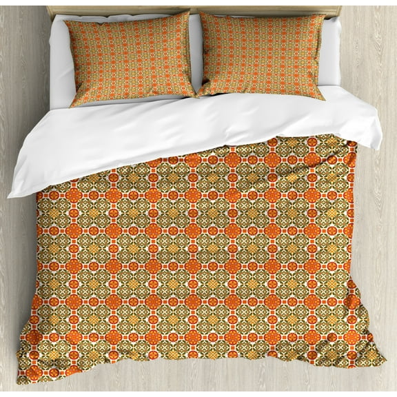 Moroccan Duvet Cover Set Queen Size, Vintage Style Vibrant Colored Tile Design Ornamental Oriental Mosaic, Decorative 3 Piece Bedding Set with 2 Pillow Shams, Orange Maroon Emerald, by Ambesonne