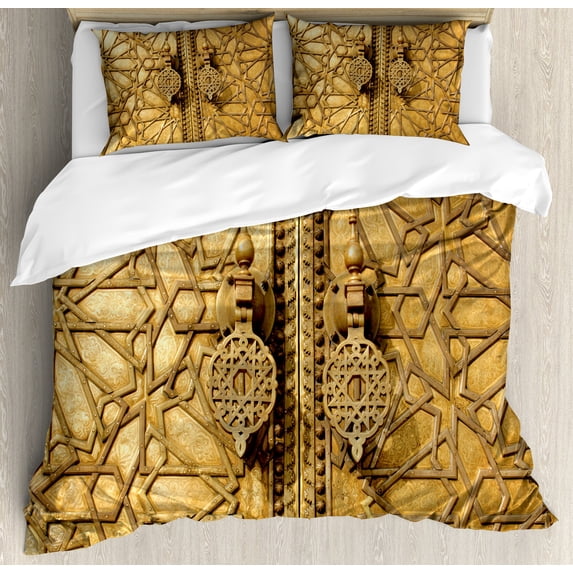 Moroccan Duvet Cover Set, Royal Palace in Marrakesh Morocco Travel Tourist Attraction Oriental Photo, Decorative 3 Piece Bedding Set with 2 Pillow Shams, King Size, Pale Brown, by Ambesonne