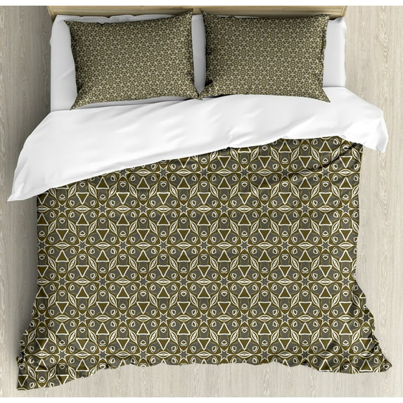 Moroccan Duvet Cover Set, Traditional Mosaic Pattern Ethnic Geometric Bohemian Art Print, Decorative 3 Piece Bedding Set with 2 Pillow Shams, Queen Size, Green Brown and White, by Ambesonne